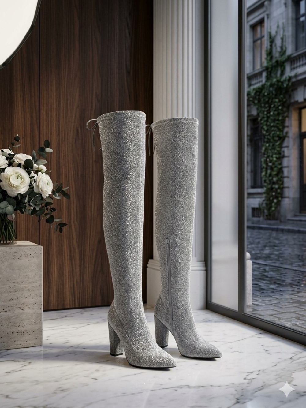 Silver Glitter Over-the-Knee Boots - Women's Fashion Boots